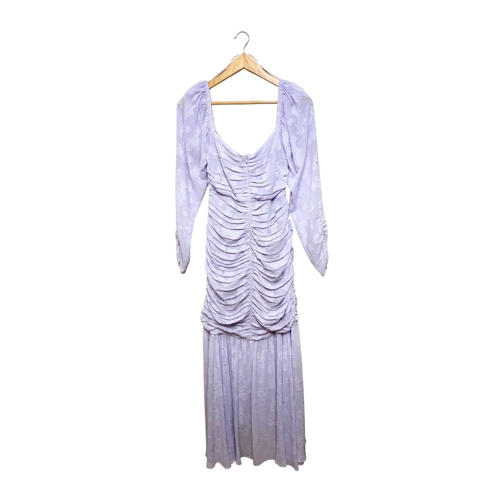 Lavender Floral Jacquard Ruched Midi‎ Dress Long Sleeve Sweetheart Neck Purple S - Picture 4 of 5